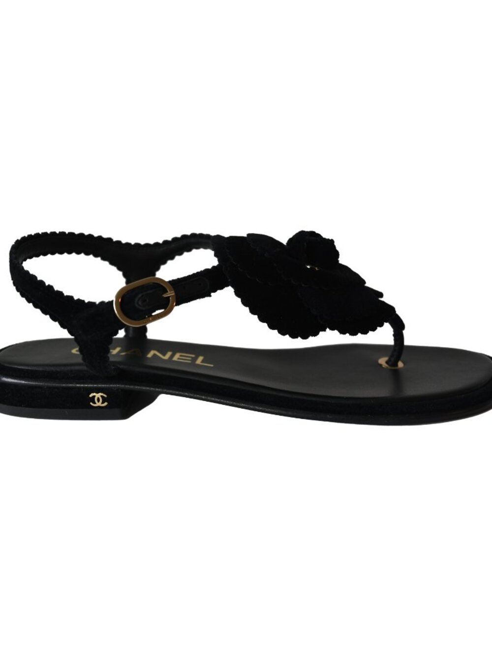 Chanel Velvet Pearl Camellia Thong Sandals Black - Picture 2 of 5